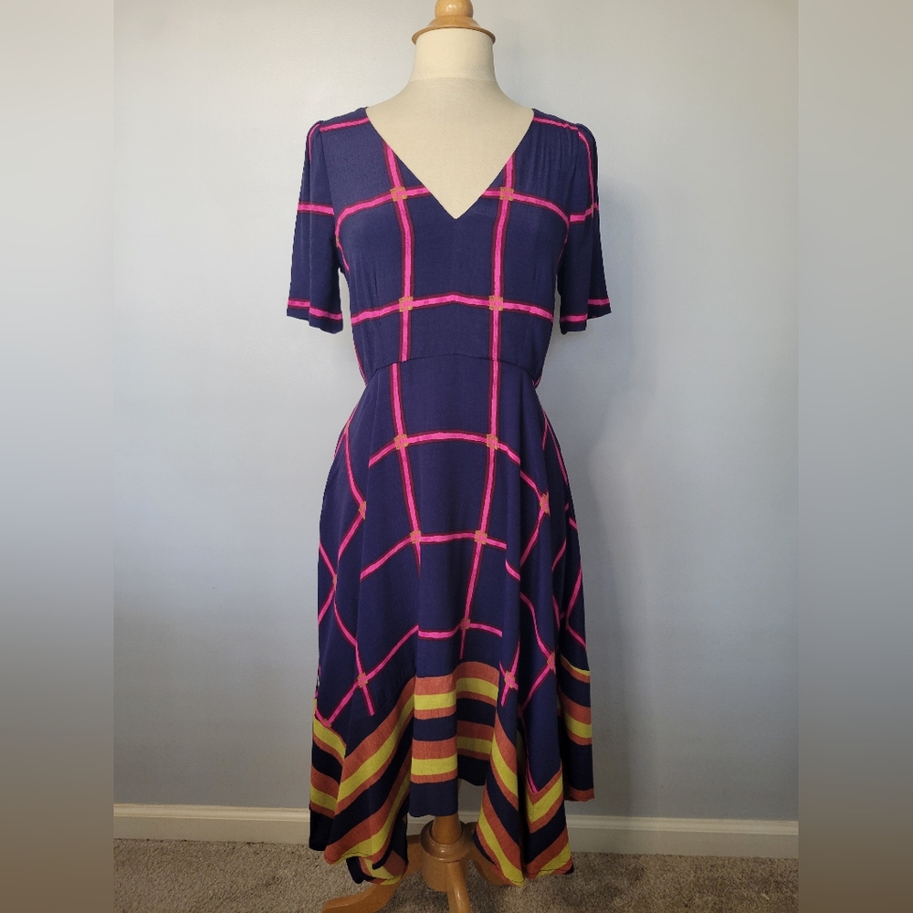 HD in Paris Anthropologie Striped Pane Navy Neon Pink Midi Dress SZ 4